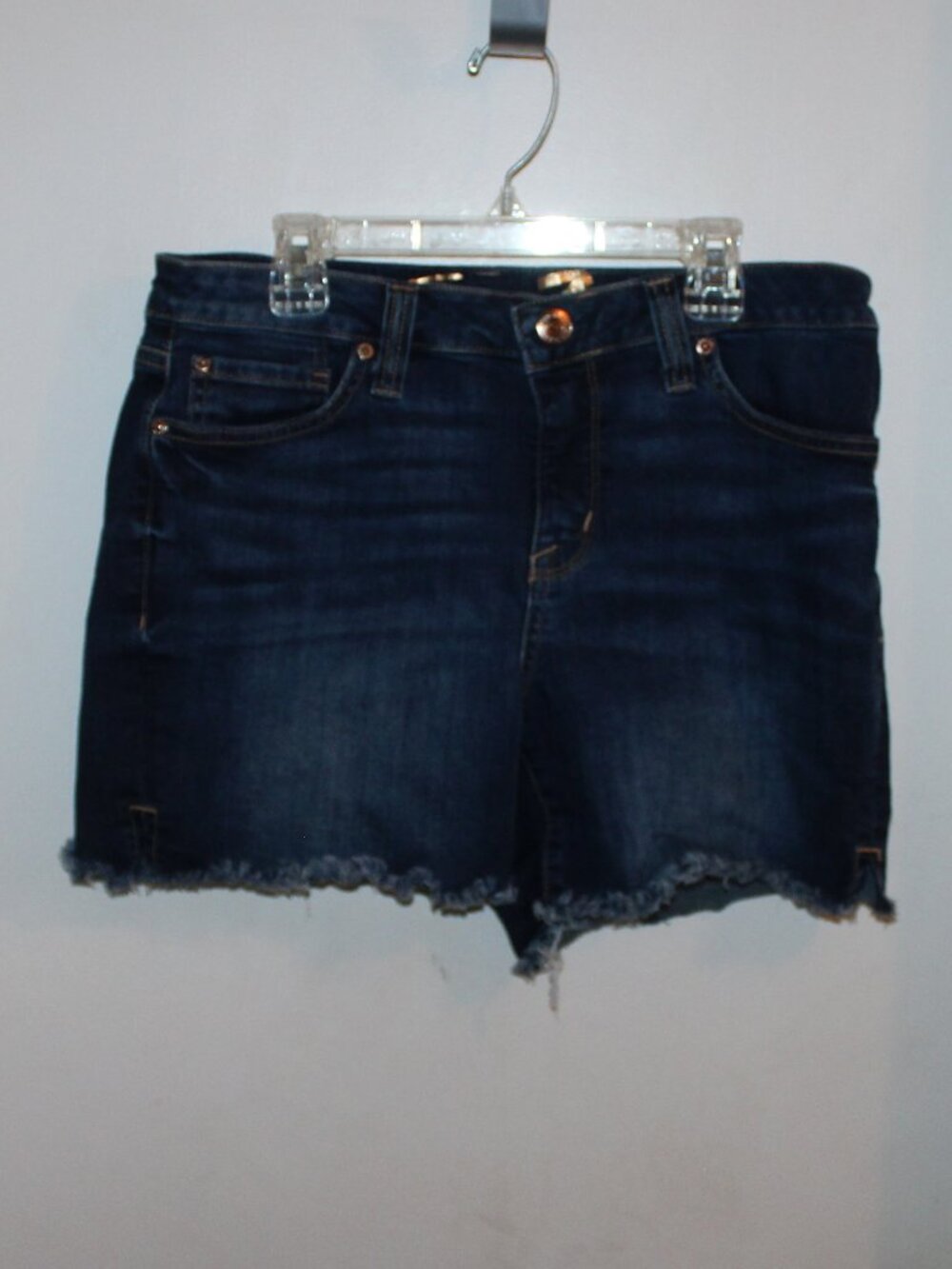 Seven7 brand denim shorts, dark wash, five-pocket styling, frayed cut off hem